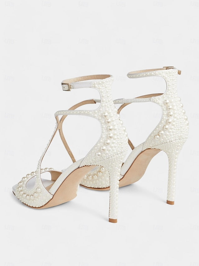 with Sandals White Ankle Open-Toe Pearl-Embellished Stiletto FashionChic