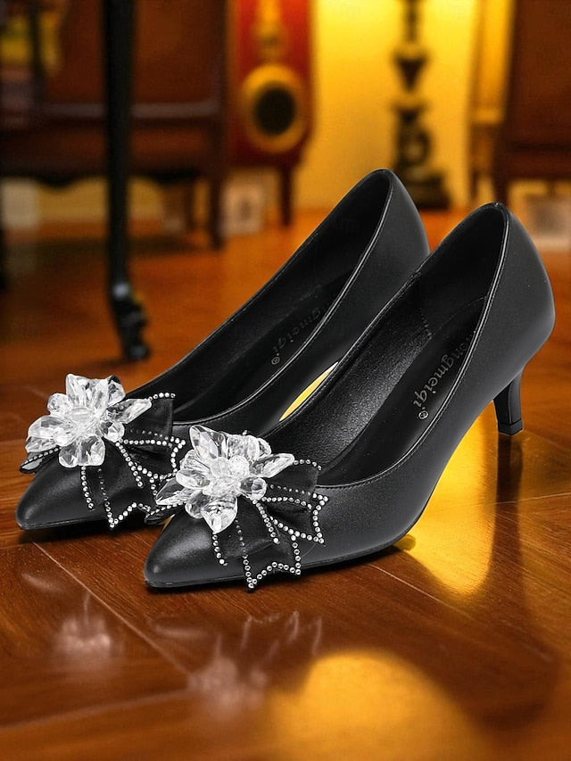 Bow Wedding Low White Shoes Women's Crystal with Heel FashionChic