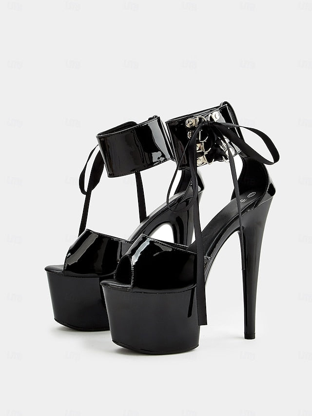 Lace-Up Sandals Ankle Straps Black with Leather Platform Patent FashionChic