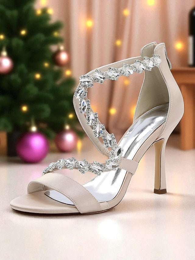 Women's Heel Sandals High White - Strappy Rhinestone FashionChic
