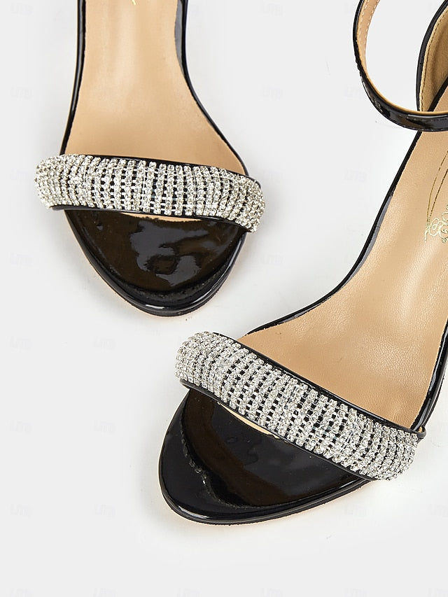Black Heel High Patent Rhinestone Sandals Leather with FashionChic