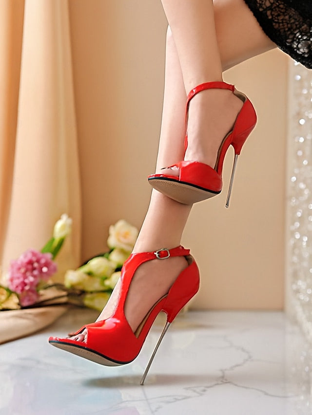 Women's Strappy Red Open Stiletto Heels Leather - Patent FashionChic