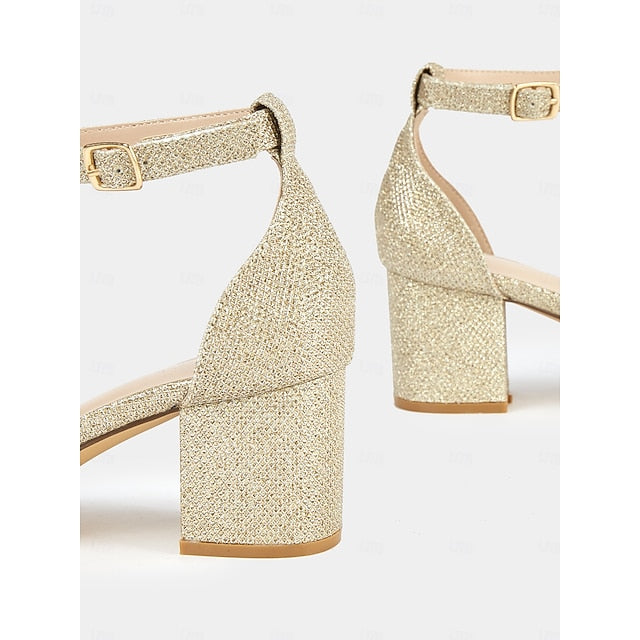 Block Heel Women's Sandals Ankle Stylish Glitter Gold with FashionChic