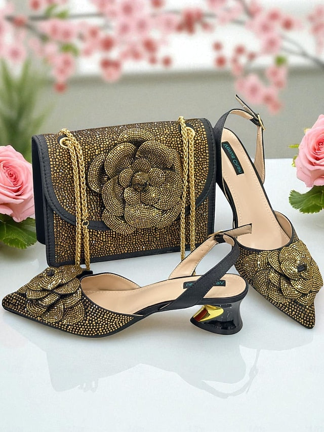 Rhinestone Women's Slingback Pumps with Matching Gold FashionChic