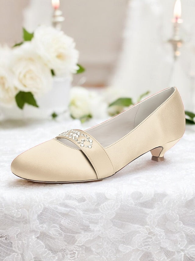 Blue Satin Heels Kitten Rhinestone with Women's FashionChic