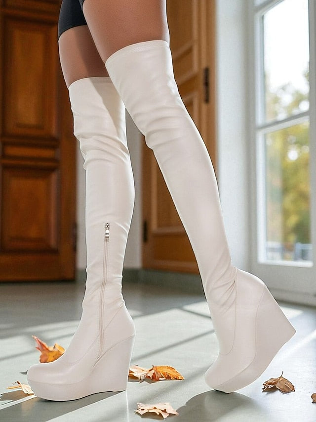 - Heel Over Black Knee Wedge the Faux Women's Leather Boots FashionChic