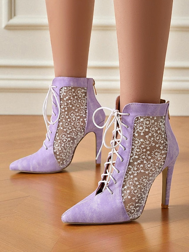 Women's Mesh Booties Ankle Lace Stiletto White Heels with FashionChic
