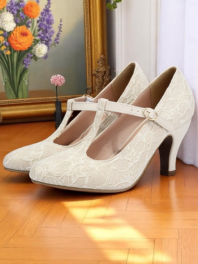 Vintage Women's Lace Heel Mid Ivory T-Strap Pumps-1920s FashionChic