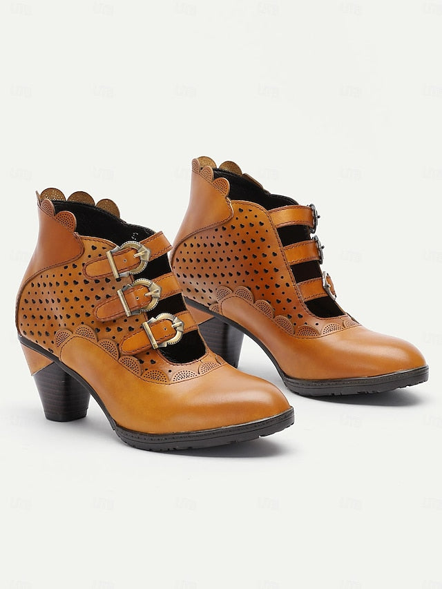 Strap Brown Vintage - Buckle Women's Ankle Perforated Boots FashionChic