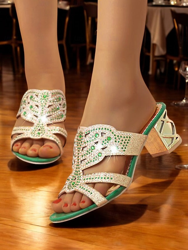 Embellished Green - Gold Rhinestone Sandals and Heeled FashionChic