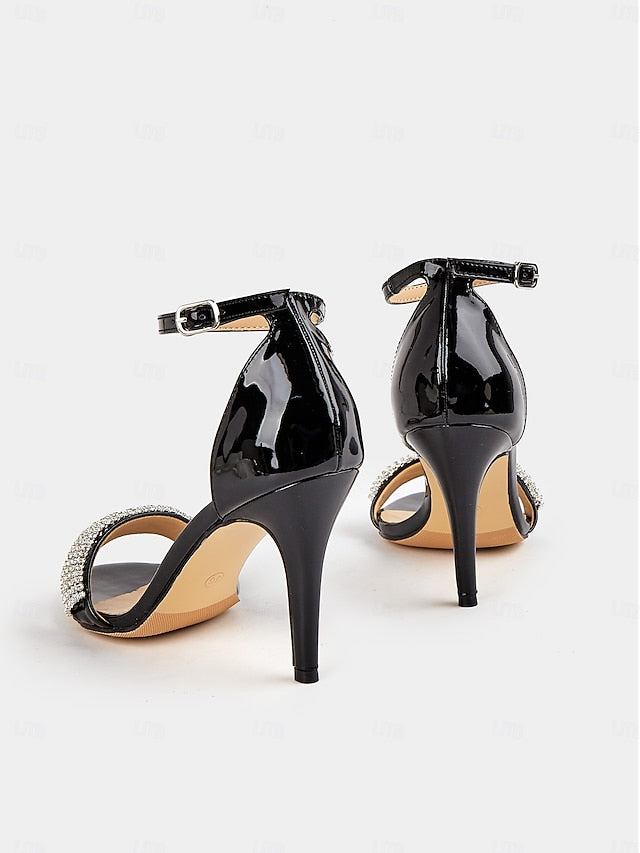 Black Heel High Patent Rhinestone Sandals Leather with FashionChic