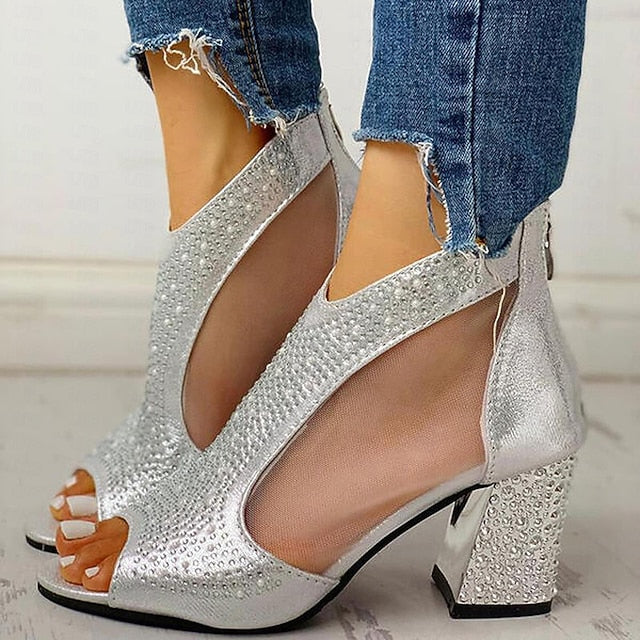 Glitter Sandals Peep Elegant Heeled with Gold Toe Women's FashionChic