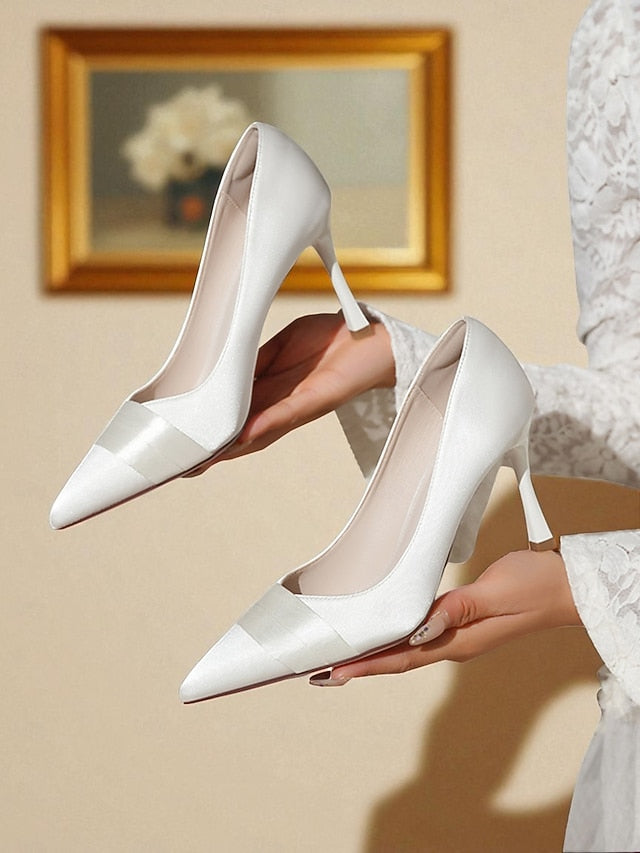 Pumps Women's Toe Heel - Dress High Pointed Satin Champagne FashionChic