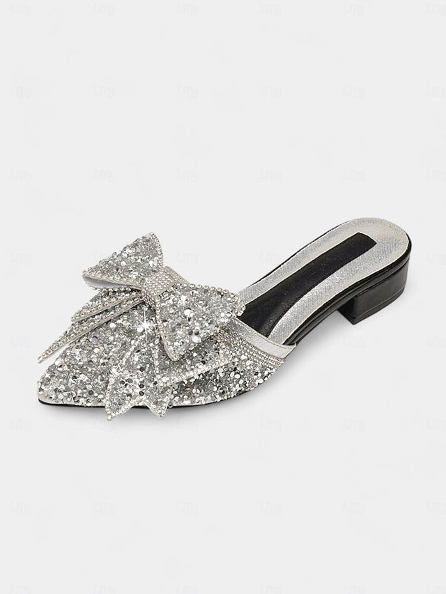 and Parties for Perfect Black Flat – Rhinestone-Bow Mules FashionChic