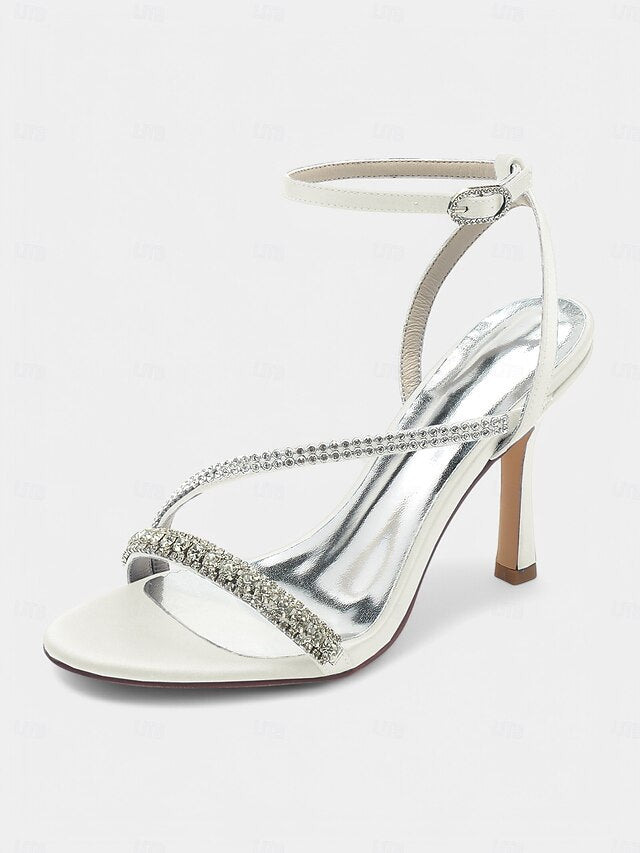 – Sophisticated Heels Strappy Champagne Satin Rhinestone FashionChic