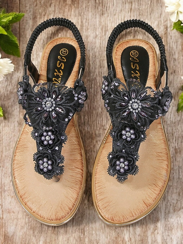 – Lace Women's Embellished Pink Floral Sandals T-Strap FashionChic
