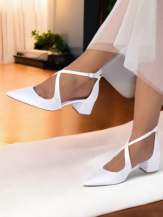 Satin - Block Pointed Toe Women's Heels Elegant Ivory FashionChic