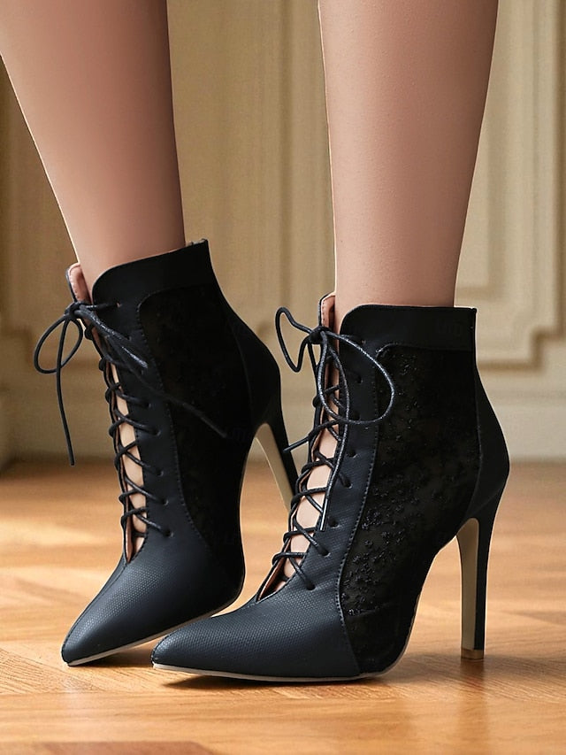 Women's Mesh Booties Ankle Lace Stiletto White Heels with FashionChic