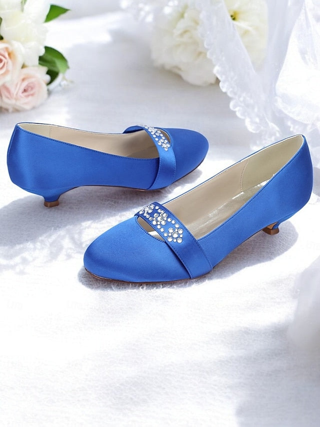 Blue Satin Heels Kitten Rhinestone with Women's FashionChic