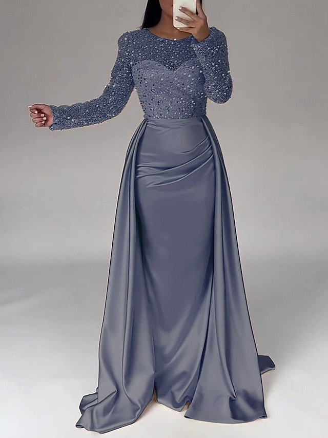 RuchedSatin Dress Sleeves Mermaid Gown Evening Sequin Long FashionChic