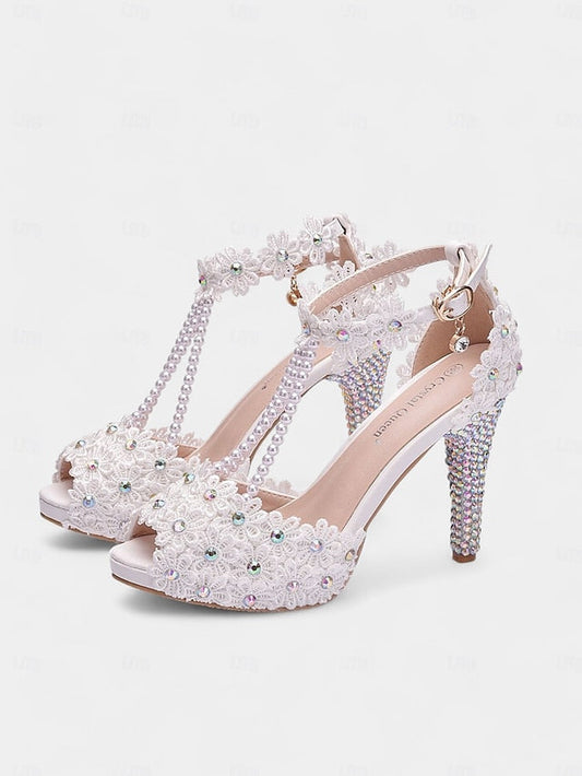 White Floral Bridal - Sandals Lace T-Strap Pearl-Decorated FashionChic