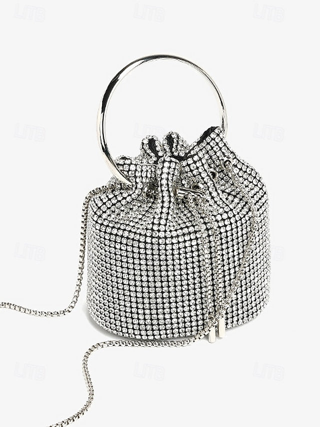Women's with Rhinestone Metal Bag Silver Bucket Sparkling FashionChic