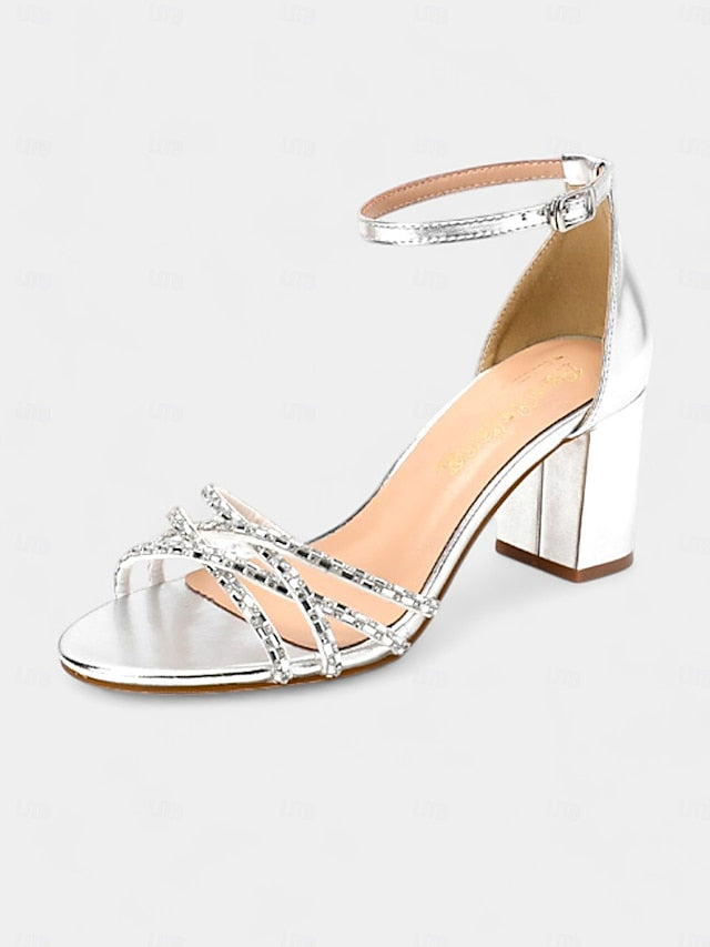 with Metallic Silver Block Rhinestone Heel Strappy Sandals FashionChic