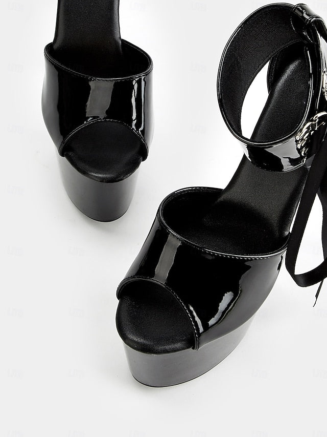 Lace-Up Sandals Ankle Straps Black with Leather Platform Patent FashionChic
