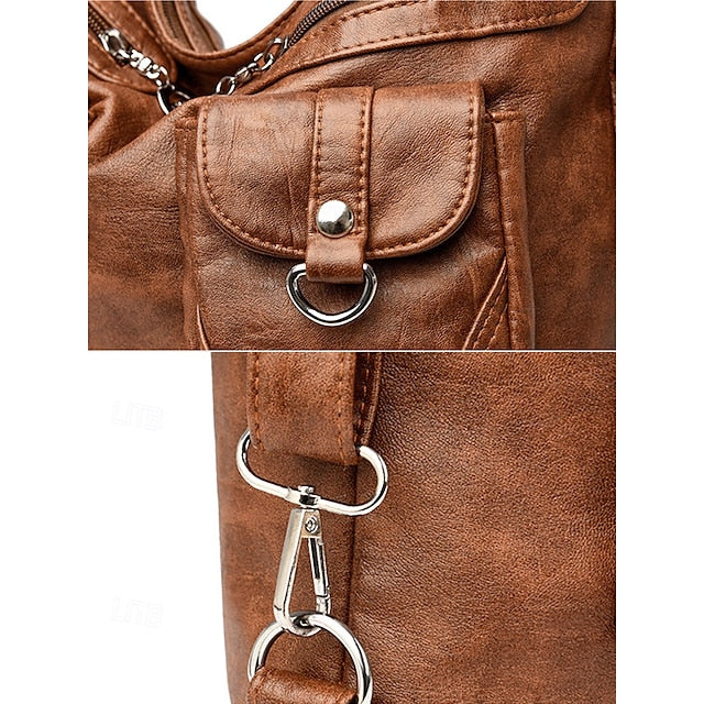 Brown Leather Women's Bag Multiple Faux Pockets with Hobo FashionChic