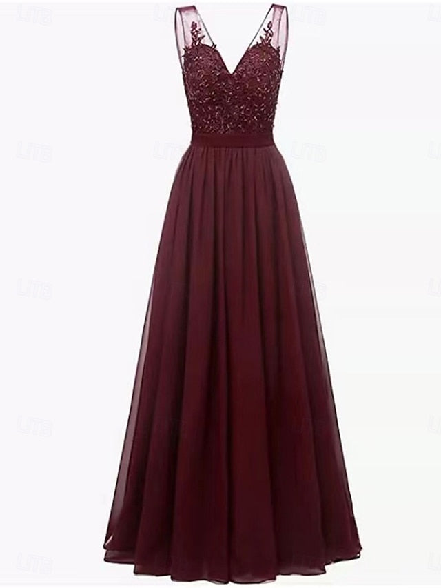 the Neck Dress Simple Floor V Elegant Mother A-Line Bride of FashionChic
