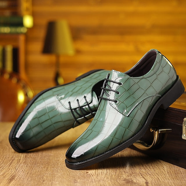 Print Men's Oxford Leather Shoes Faux Crocodile Green – FashionChic