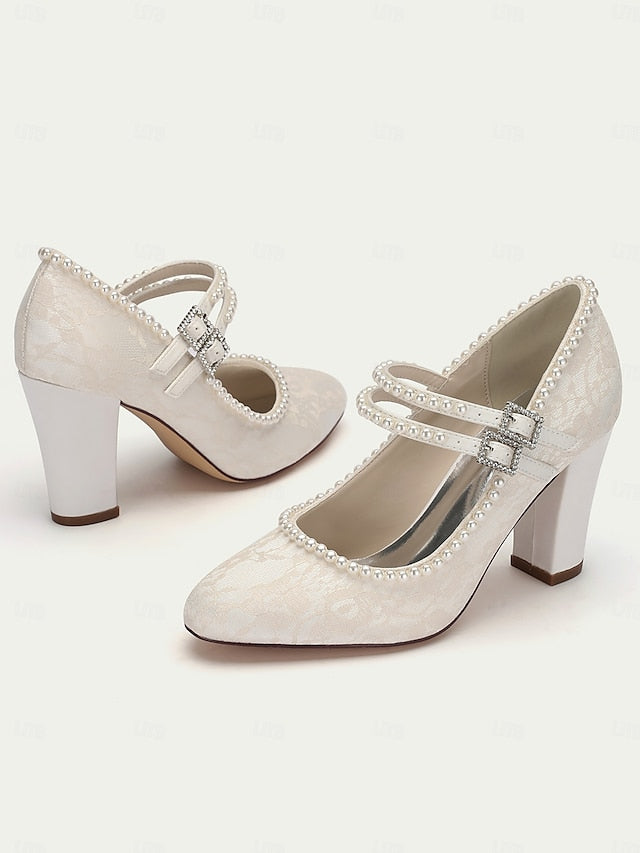 Heels Embellished Purple Mary Pearl Women's Jane - Lace FashionChic