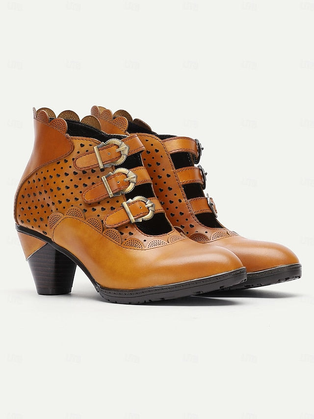 Strap Brown Vintage - Buckle Women's Ankle Perforated Boots FashionChic
