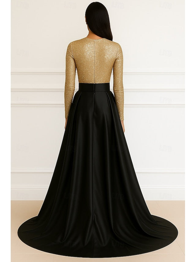 Formal Evening Gold Black Dress Elegant Gown Wedding A-Line FashionChic
