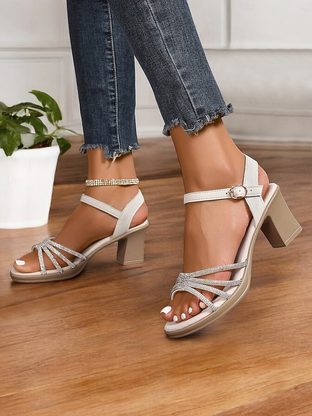 - Strappy with Comfortable Block Rhinestones Heel Black Sandals FashionChic