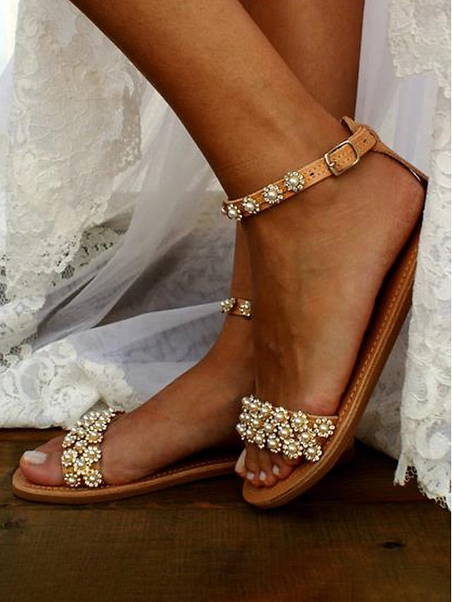 Beaded Ankle Chic Floral Flat with Boho for Straps Sandals FashionChic