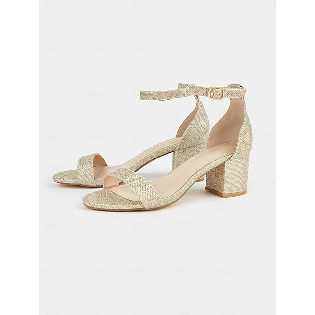 Ankle Stylish Women's Glitter Sandals Heel Gold with Block FashionChic