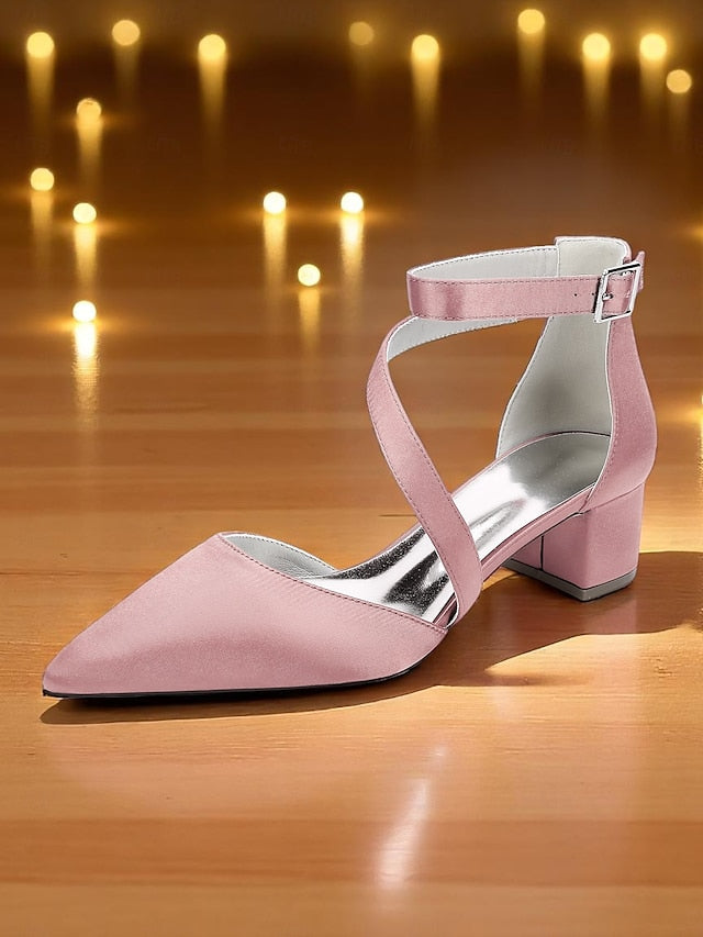 Women's Champagne Pointed Block Heels Satin Toe - FashionChic
