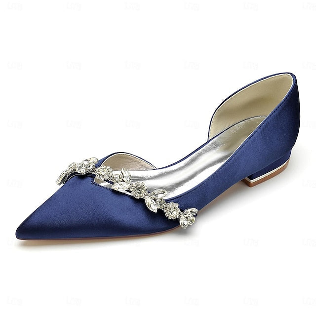 Satin White Wedding with Shoes Pointed Toe Flat Crystal and FashionChic