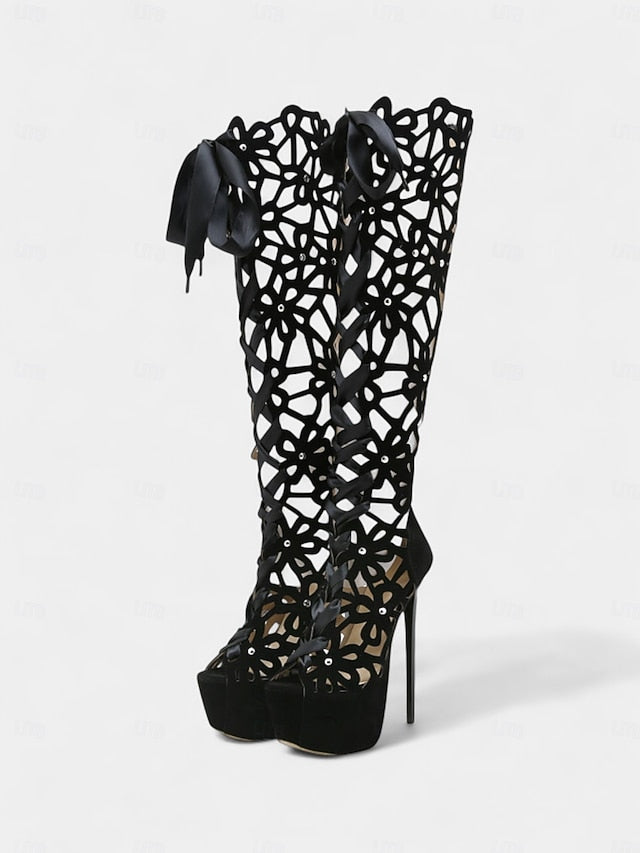 Sexy Stiletto Cutout High Peep Knee Platform Boots Women's FashionChic