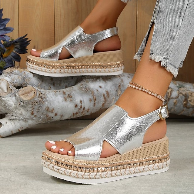 Metallic Women's Espadrille Faux Platform Gold Leather FashionChic
