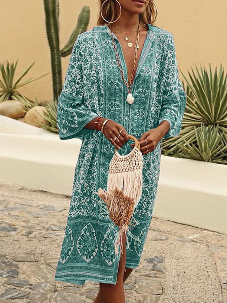 V Neck Women Summer Weaving Dress Shift Floral-Print Floral Weaving Dress WJ87