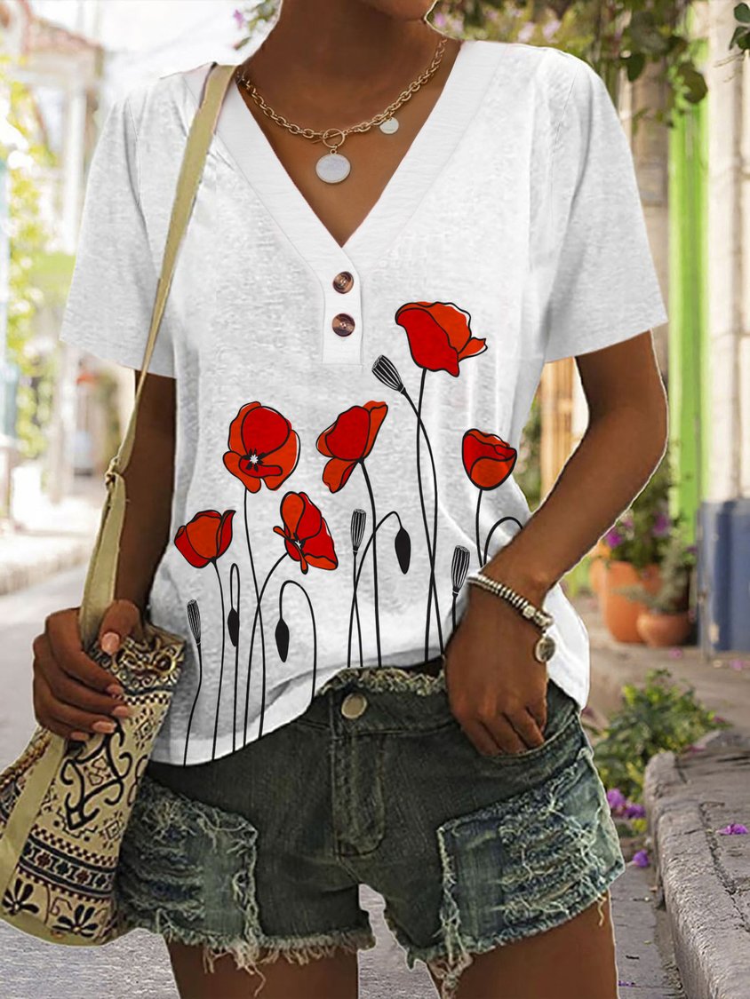 V Neck Casual Floral Memorial Day Loose T-Shirt CC53