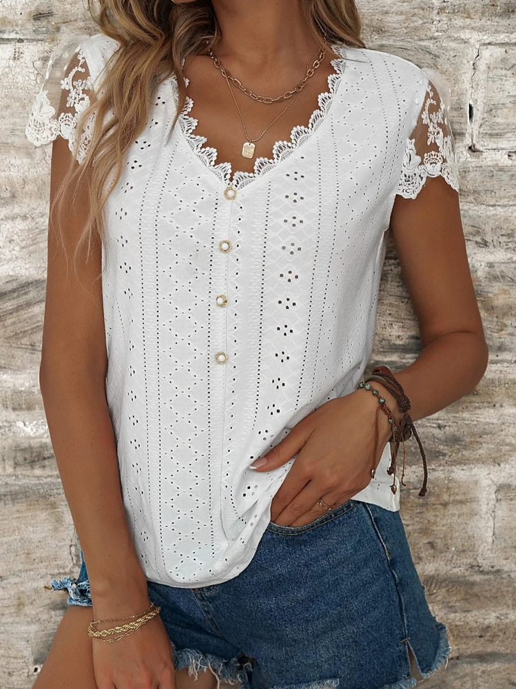 Women's Eyelet Tops Plain Hollow Out Tops Casual V Neck Linen Lace Breathable T-Shirt Buttoned White Casual T-Shirt cc202