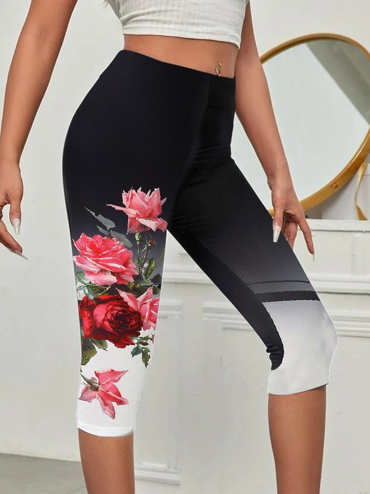 JFN Floral Design Color Block Casual High-stretch Knitted Capris Leggings QS87