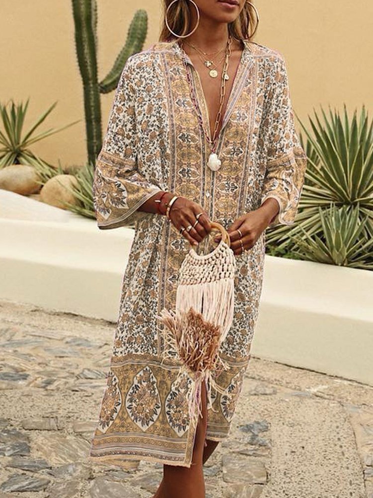 V Neck Women Summer Weaving Dress Shift Floral-Print Floral Weaving Dress WJ87
