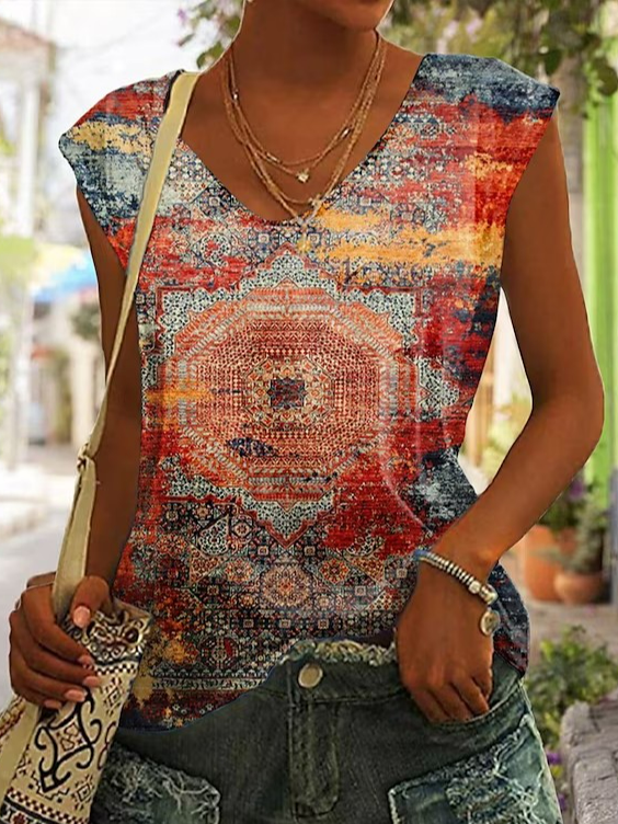 V Neck Casual Loose Ethnic Tank Top WS86