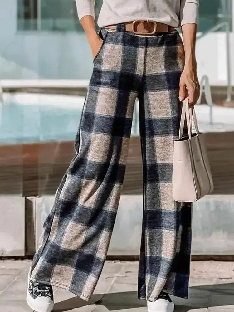Vintage Check Stretch Waist Wide Leg Pants WK106