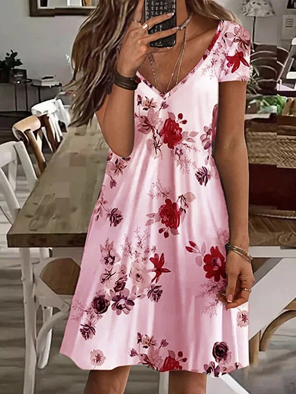 Boho Floral V neck Short Sleeve Knit Dress QD58