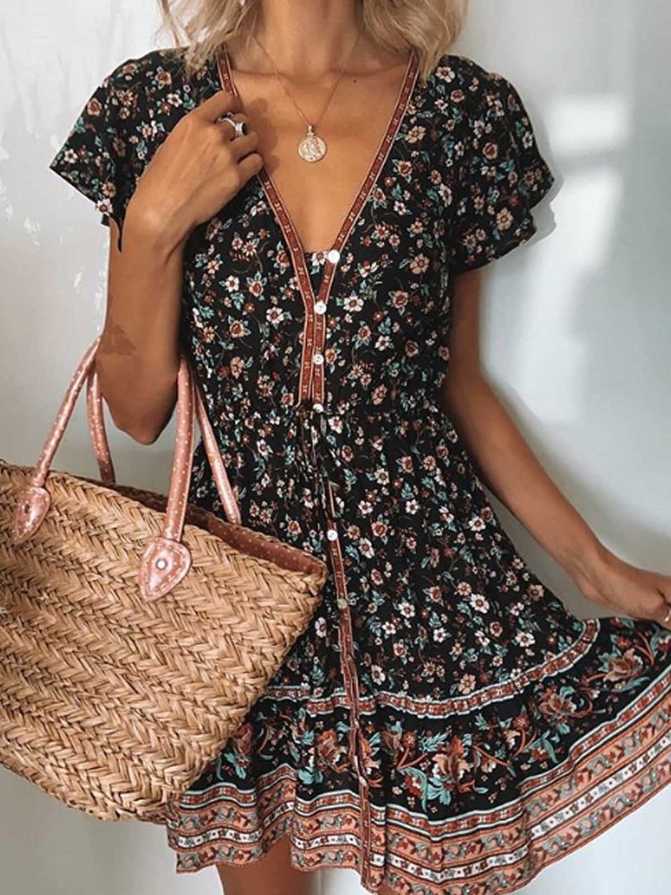 V Neck Casual Floral Weaving Dress WF79